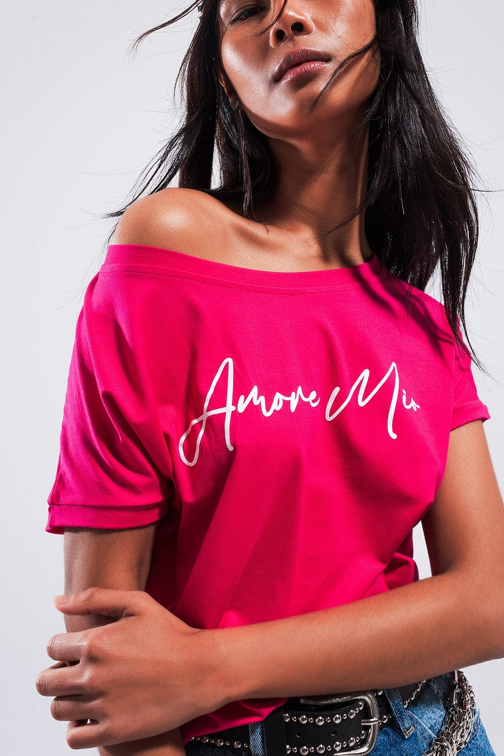 Q2 Women's Tees & Tanks One Size / Fuchsia / China Amore Mio Slogan Tee in Fuchsia