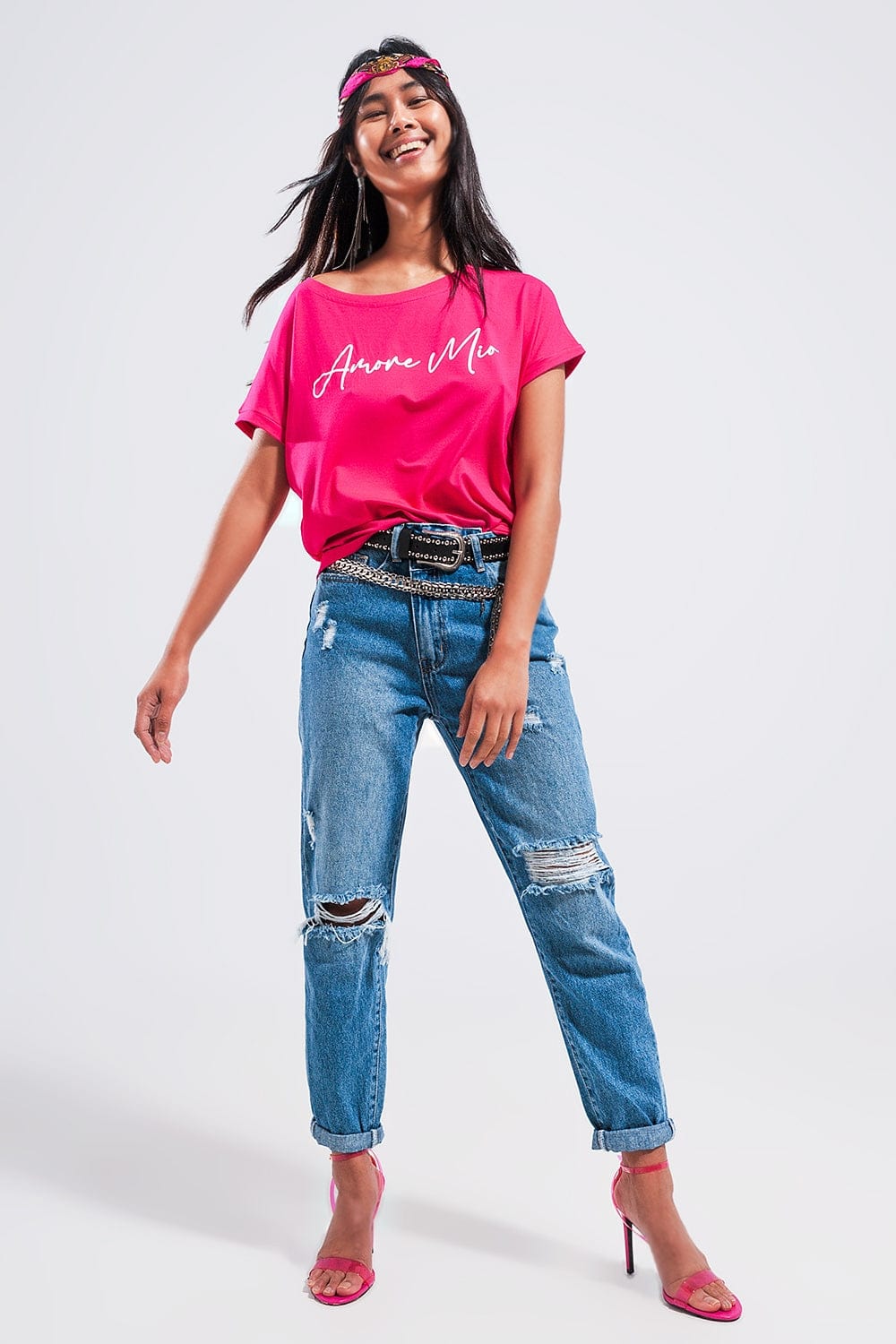 Q2 Women's Tees & Tanks One Size / Fuchsia / China Amore Mio Slogan Tee in Fuchsia