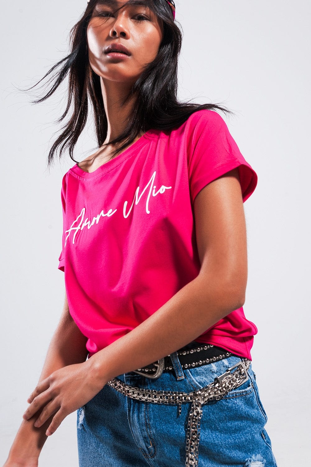 Q2 Women's Tees & Tanks One Size / Fuchsia / China Amore Mio Slogan Tee in Fuchsia