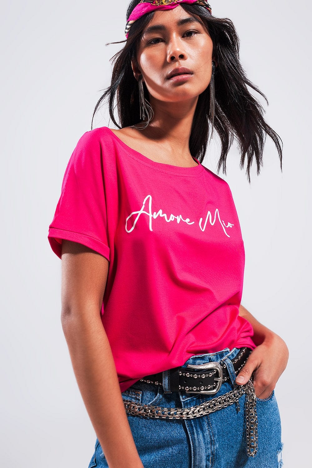 Q2 Women's Tees & Tanks One Size / Fuchsia / China Amore Mio Slogan Tee in Fuchsia