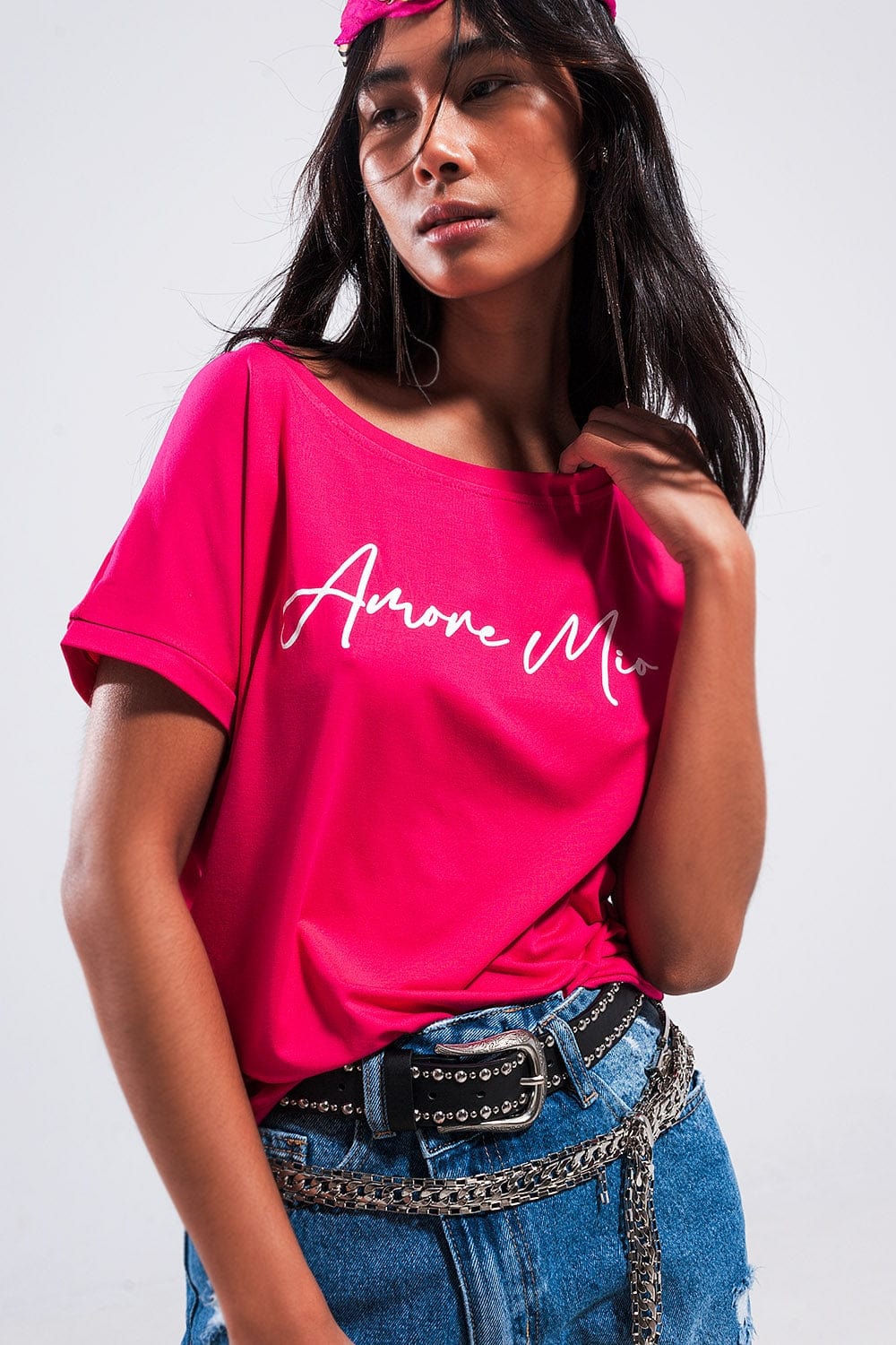 Q2 Women's Tees & Tanks One Size / Fuchsia / China Amore Mio Slogan Tee in Fuchsia