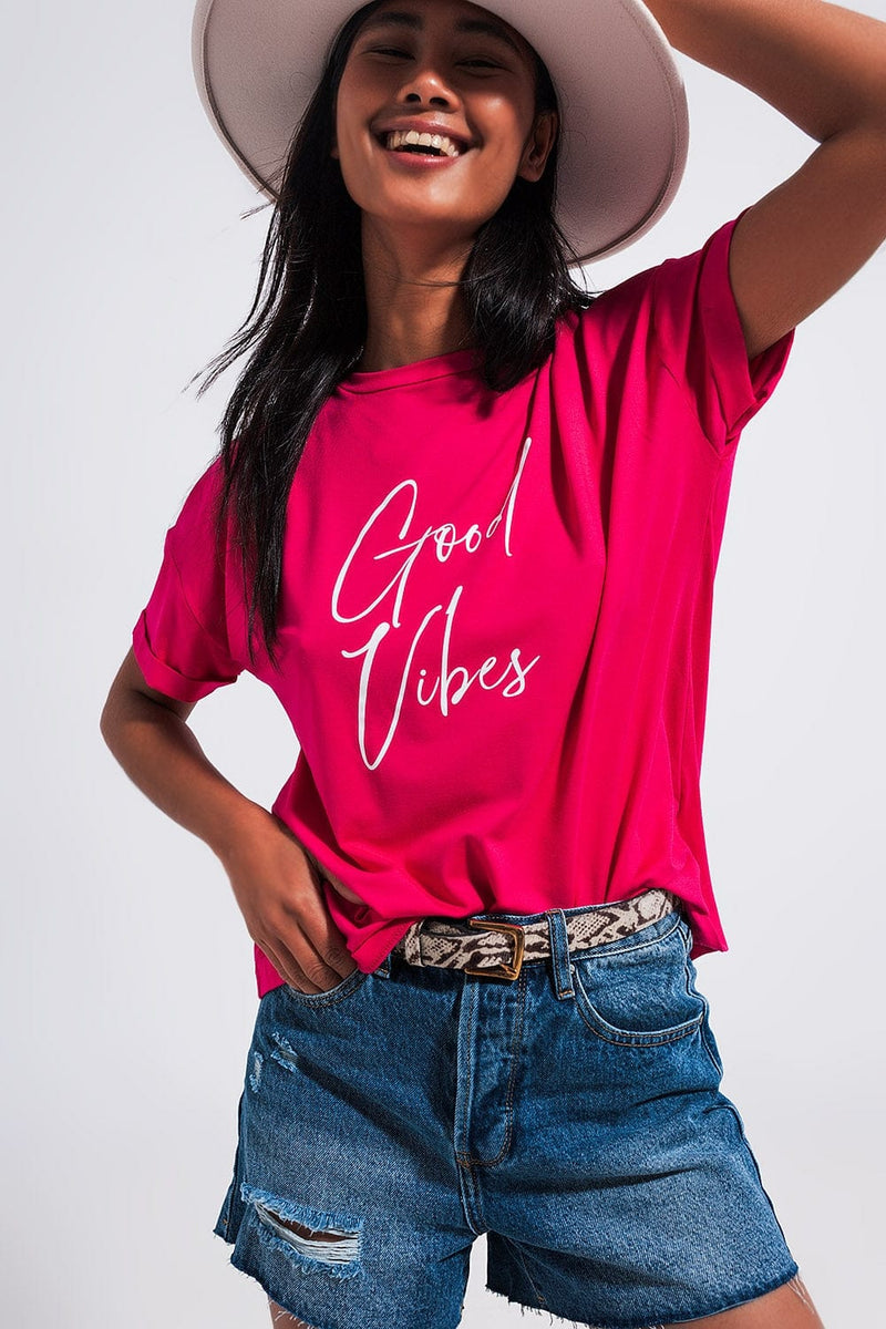 Q2 Women's Tees & Tanks One Size / Fuchsia / China Good Vibes Slogan Tee in Fuchsia