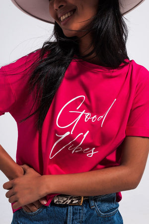 Q2 Women's Tees & Tanks One Size / Fuchsia / China Good Vibes Slogan Tee in Fuchsia