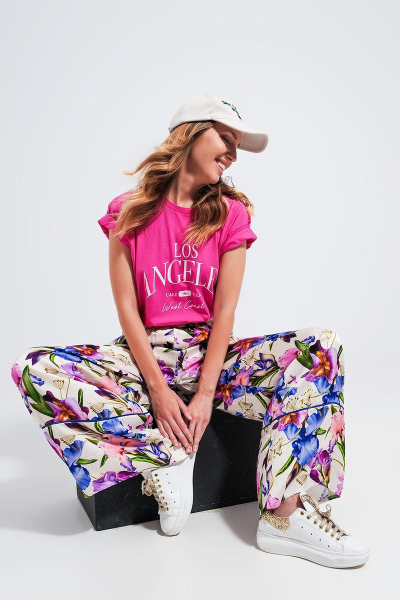 Q2 Women's Tees & Tanks One Size / Fuchsia / China Los Angeles Slogan T Shirt in Fuchsia