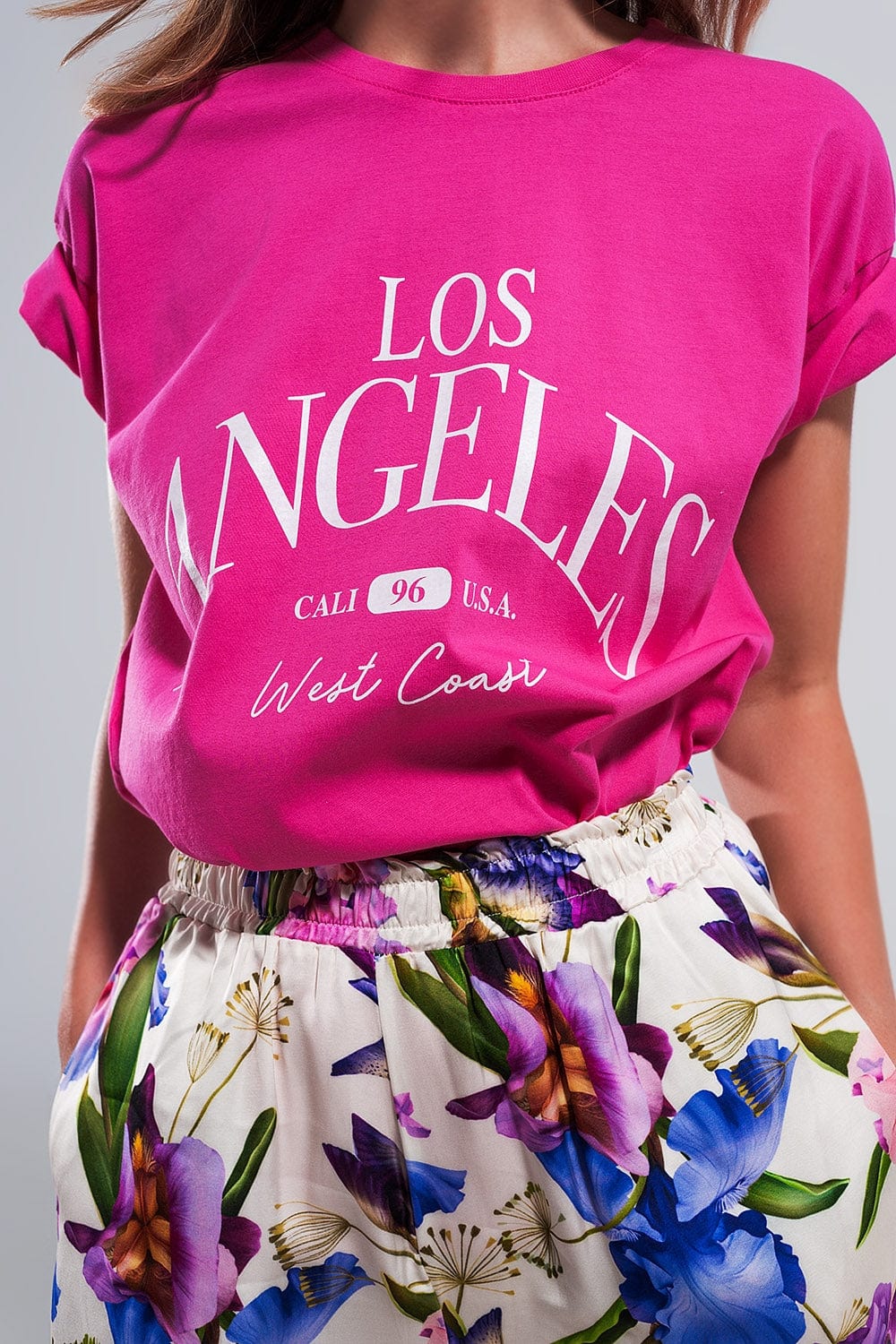 Q2 Women's Tees & Tanks One Size / Fuchsia / China Los Angeles Slogan T Shirt in Fuchsia