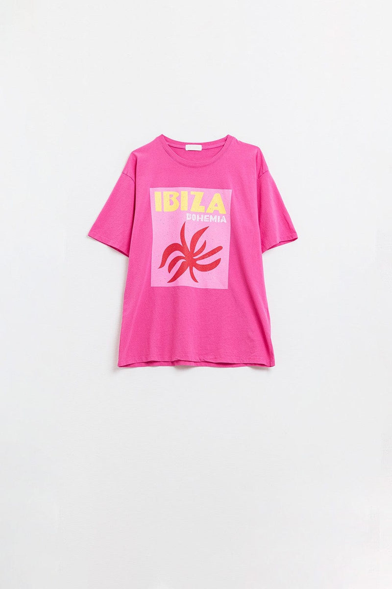 Q2 Women's Tees & Tanks One Size / Fuchsia Fuchsia Ibiza Bohemia Relaxed T-Shirt With Pink Print