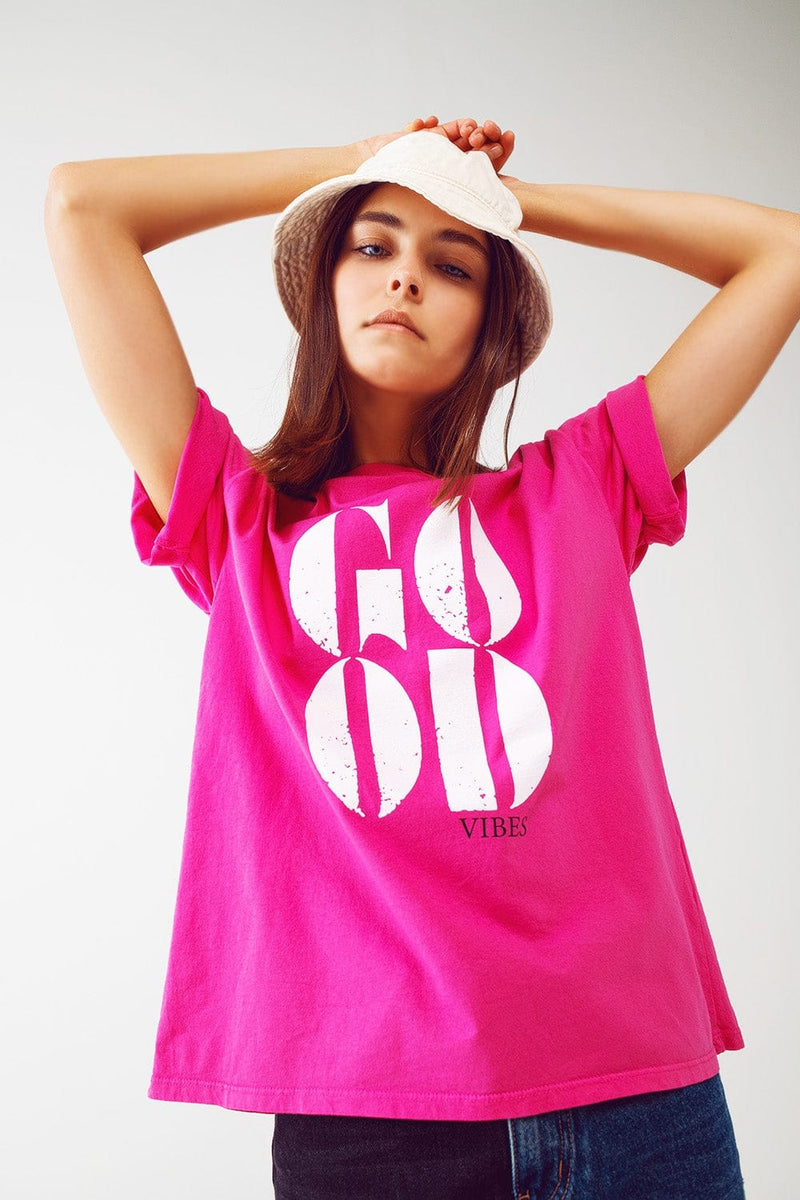 Q2 Women's Tees & Tanks One Size / Fuchsia / Italia T-Shirt with Good Vibes Text in Fuchsia