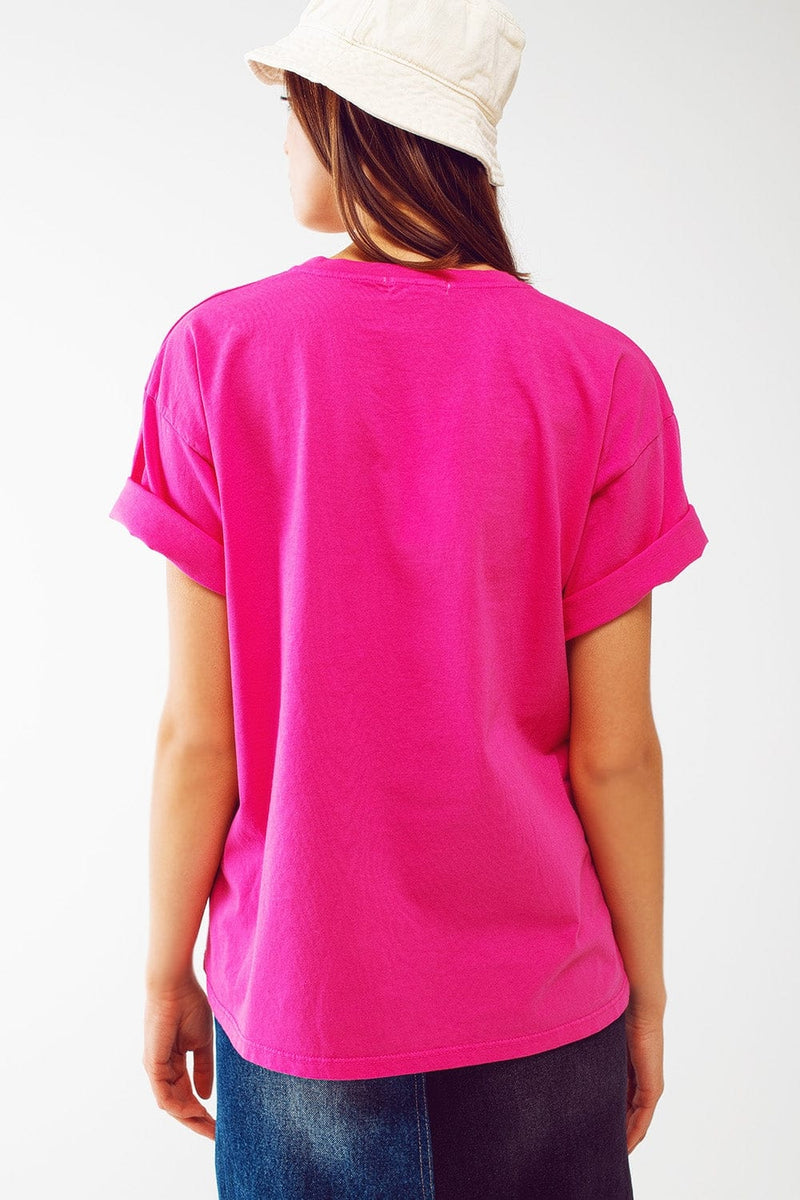 Q2 Women's Tees & Tanks One Size / Fuchsia / Italia T-Shirt with Good Vibes Text in Fuchsia