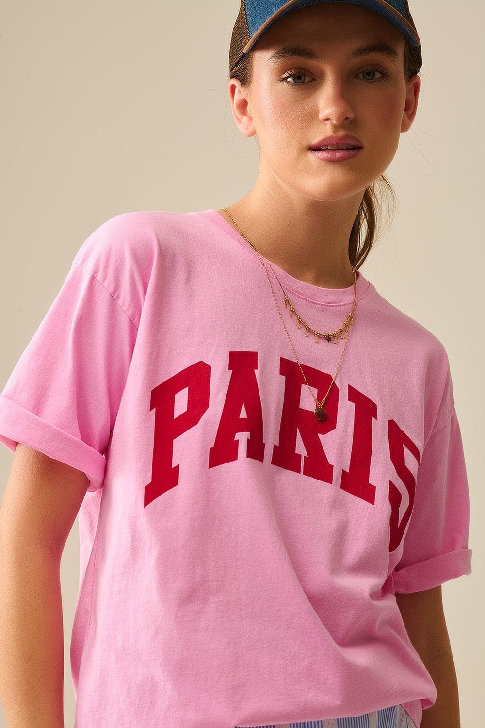 Q2 Women's Tees & Tanks One Size / Fuchsia Pink Paris Relaxed T-Shirt With Red Letters