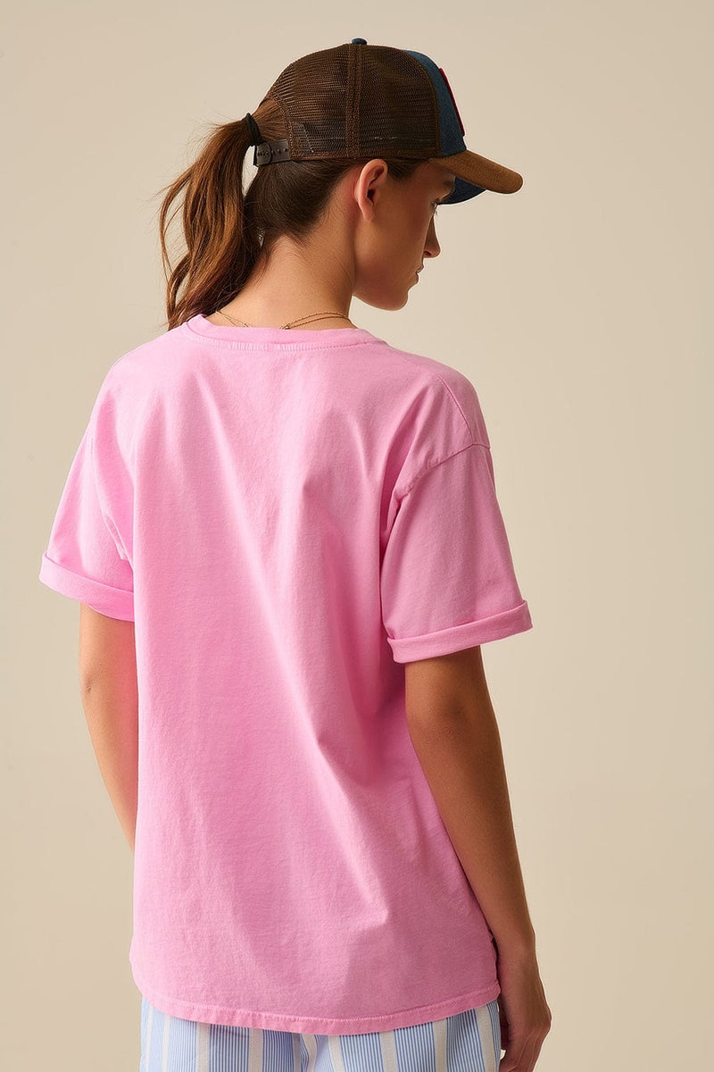 Q2 Women's Tees & Tanks One Size / Fuchsia Pink Paris Relaxed T-Shirt With Red Letters