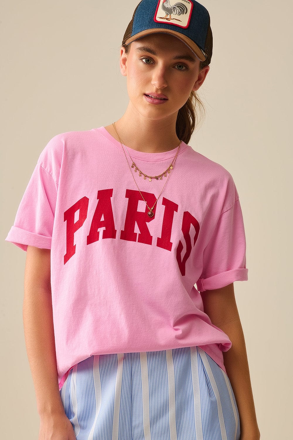 Q2 Women's Tees & Tanks One Size / Fuchsia Pink Paris Relaxed T-Shirt With Red Letters