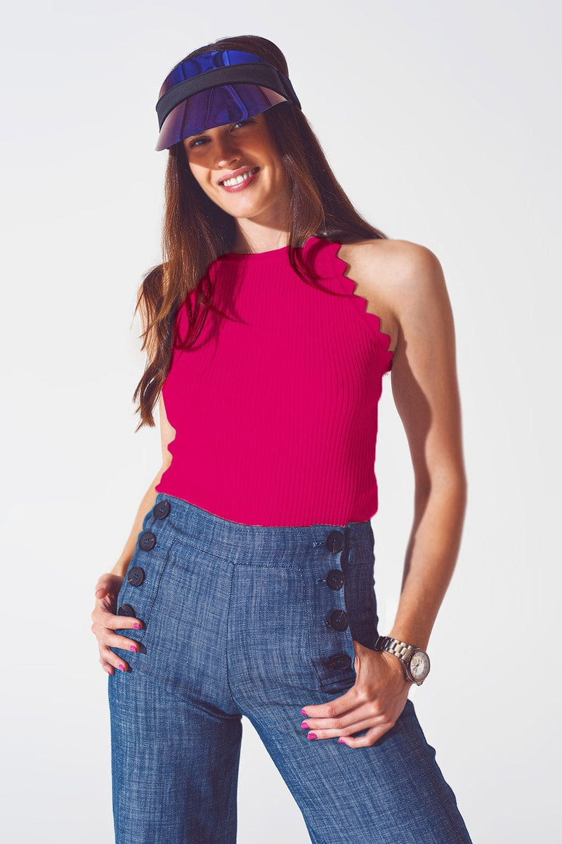 Q2 Women's Tees & Tanks One Size / Fuchsia Ribbed Halter Top With Scalloped Finish In Fuchsia