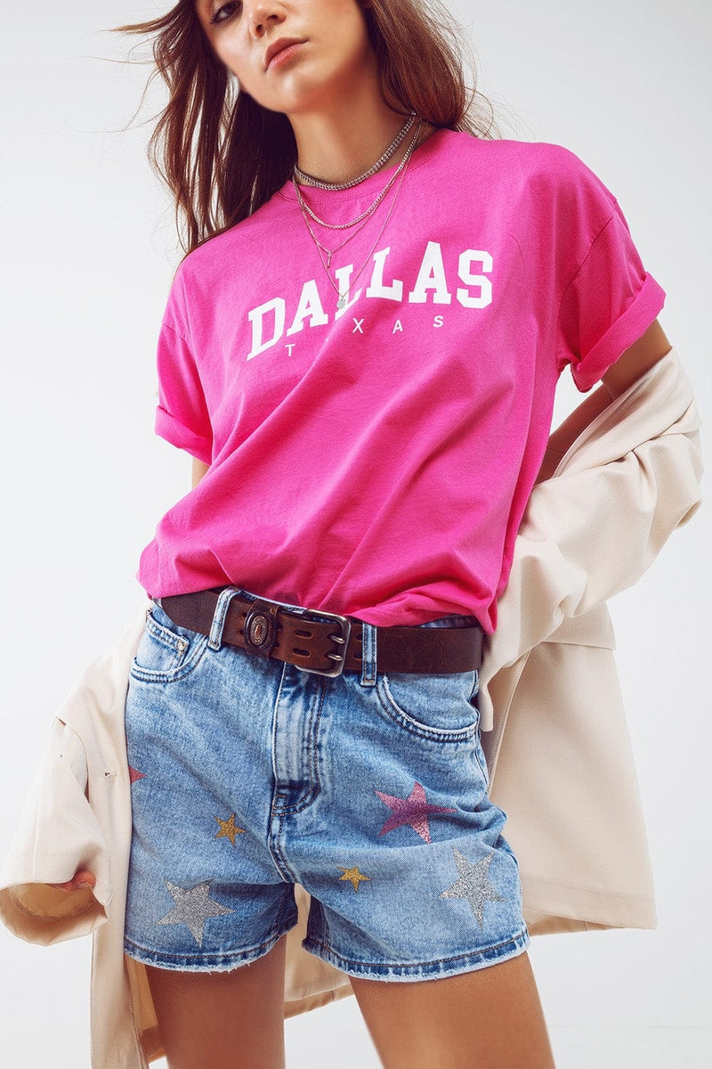 Q2 Women's Tees & Tanks One Size / Fuchsia T Shirt With Dallas Texas Text In Fuchsia