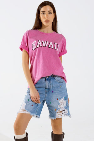 Q2 Women's Tees & Tanks One Size / Fuchsia Washed Effect Hawaii T-Shirt In Fuschia