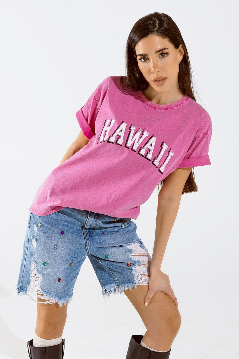 Q2 Women's Tees & Tanks One Size / Fuchsia Washed Effect Hawaii T-Shirt In Fuschia