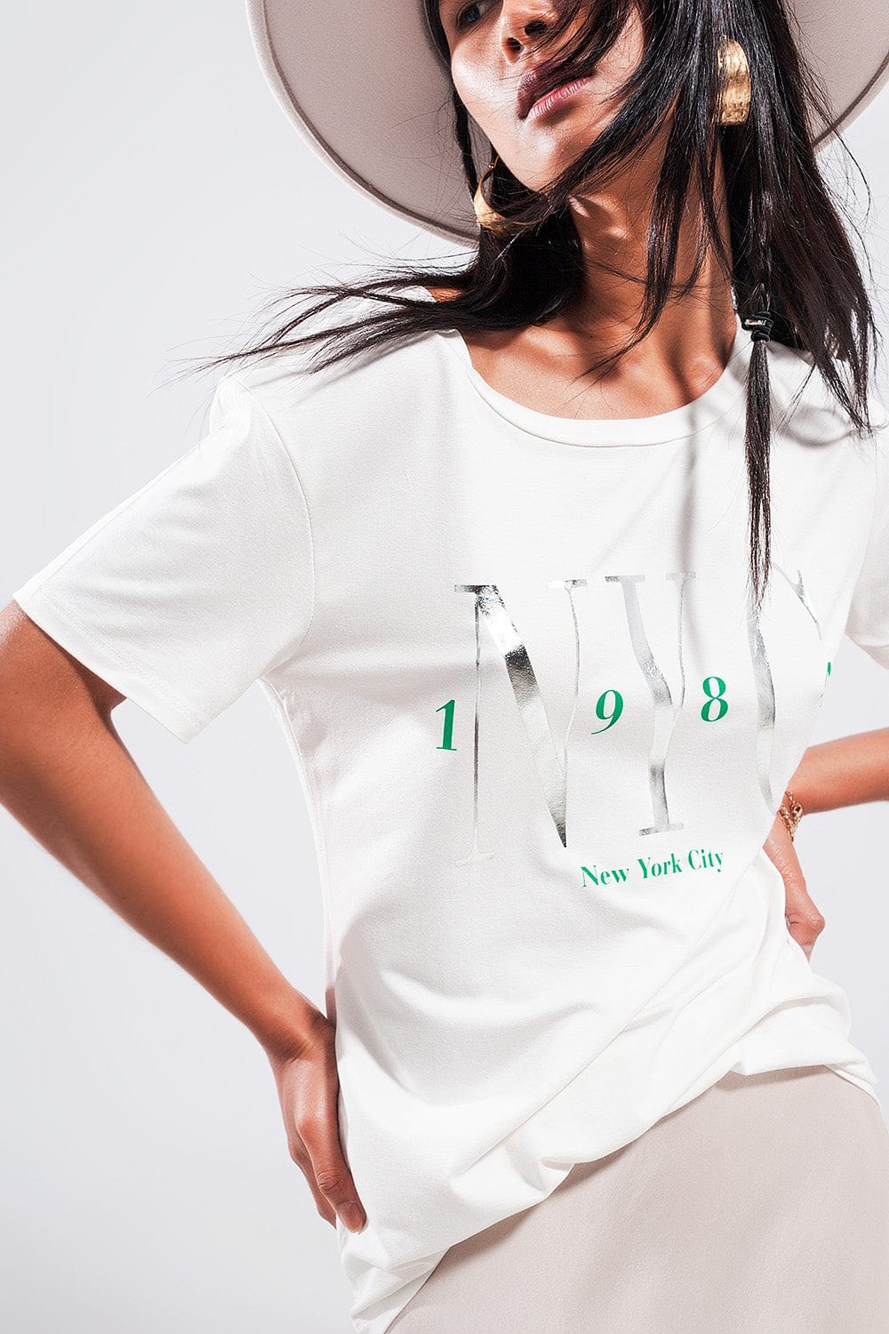 Q2 Women's Tees & Tanks One Size / Green / China T Shirt with New York City Slogan in White