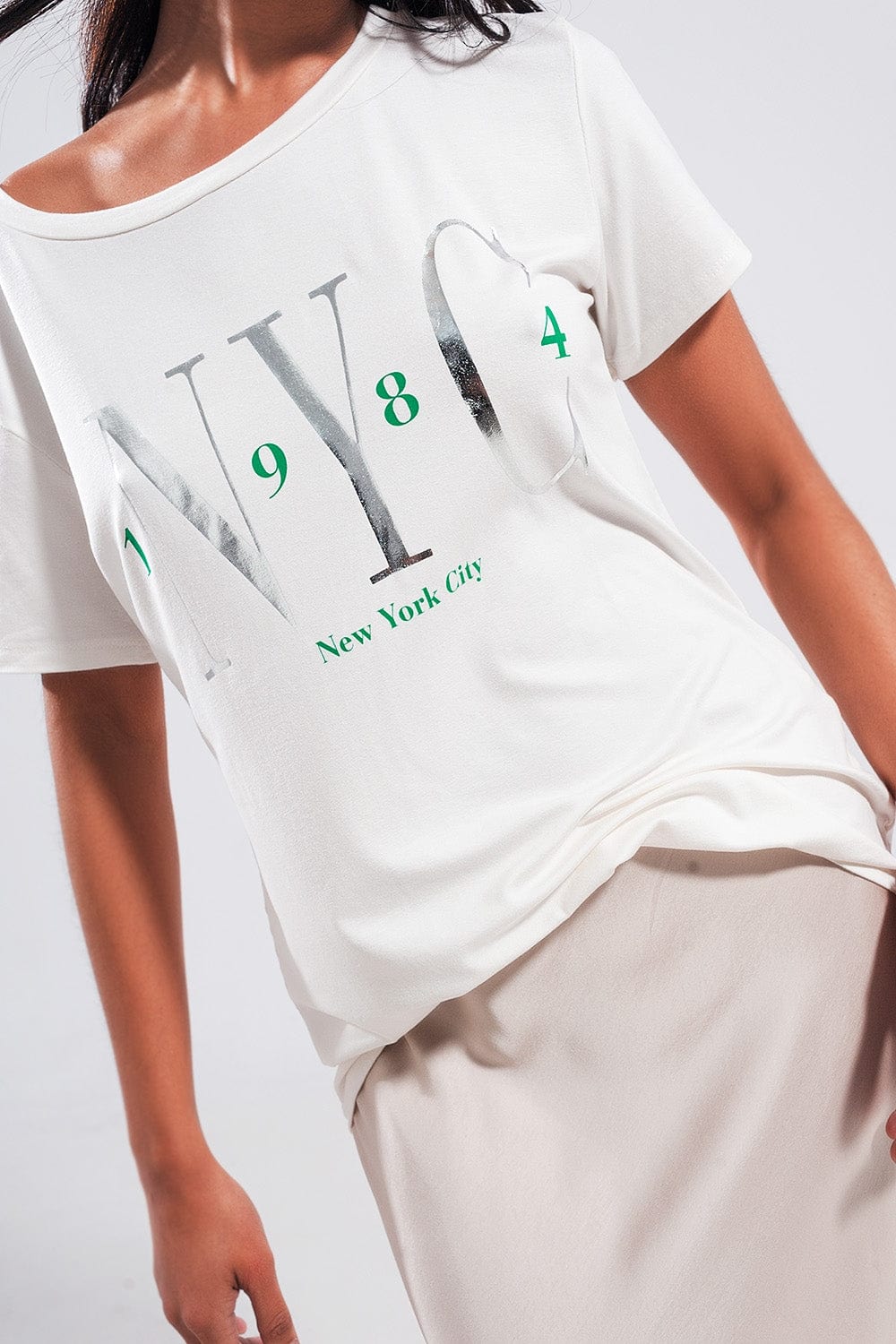Q2 Women's Tees & Tanks One Size / Green / China T Shirt with New York City Slogan in White