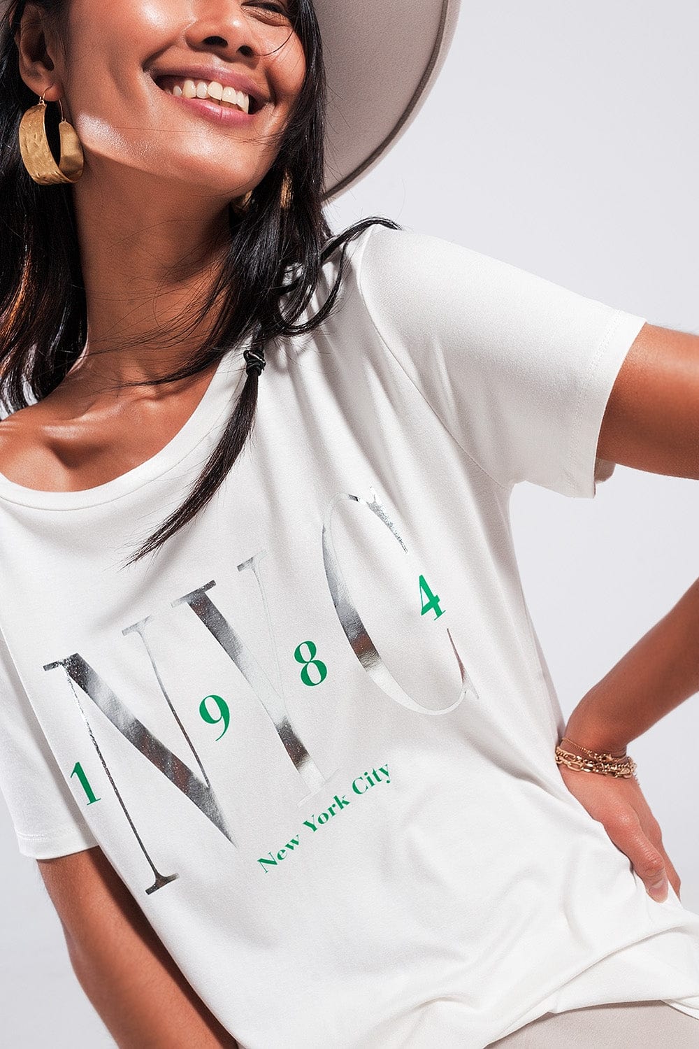 Q2 Women's Tees & Tanks One Size / Green / China T Shirt with New York City Slogan in White