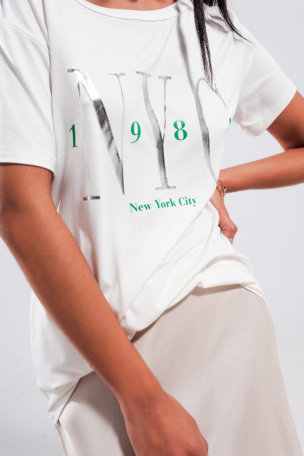 Q2 Women's Tees & Tanks One Size / Green / China T Shirt with New York City Slogan in White