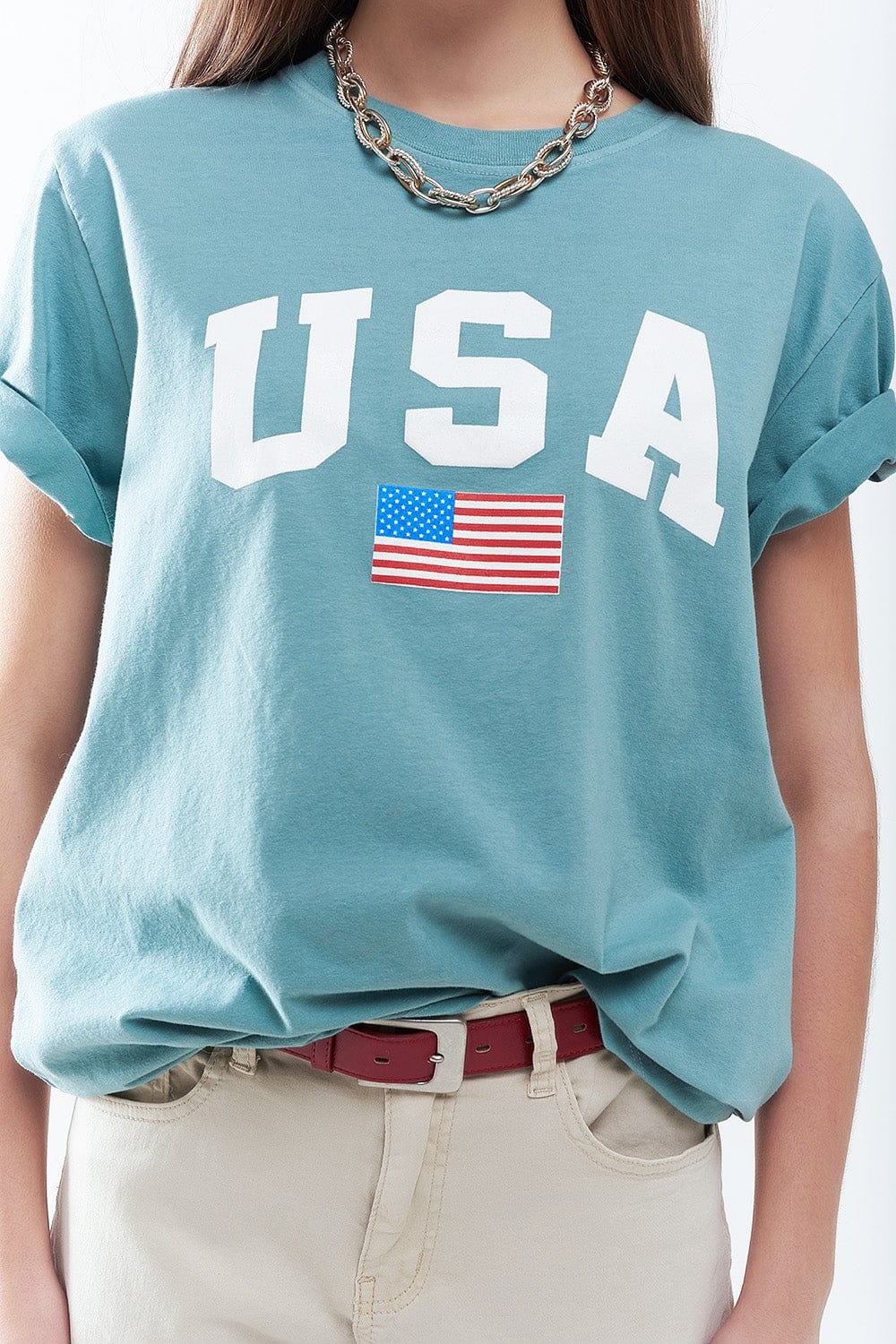 Q2 Women's Tees & Tanks One Size / Green Green Loose Long T-Shirt With Usa Logo