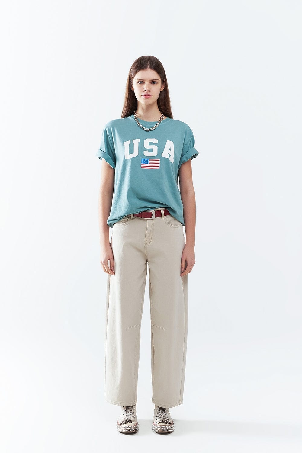 Q2 Women's Tees & Tanks One Size / Green Green Loose Long T-Shirt With Usa Logo