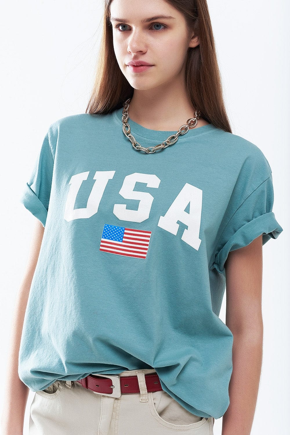 Q2 Women's Tees & Tanks One Size / Green Green Loose Long T-Shirt With Usa Logo