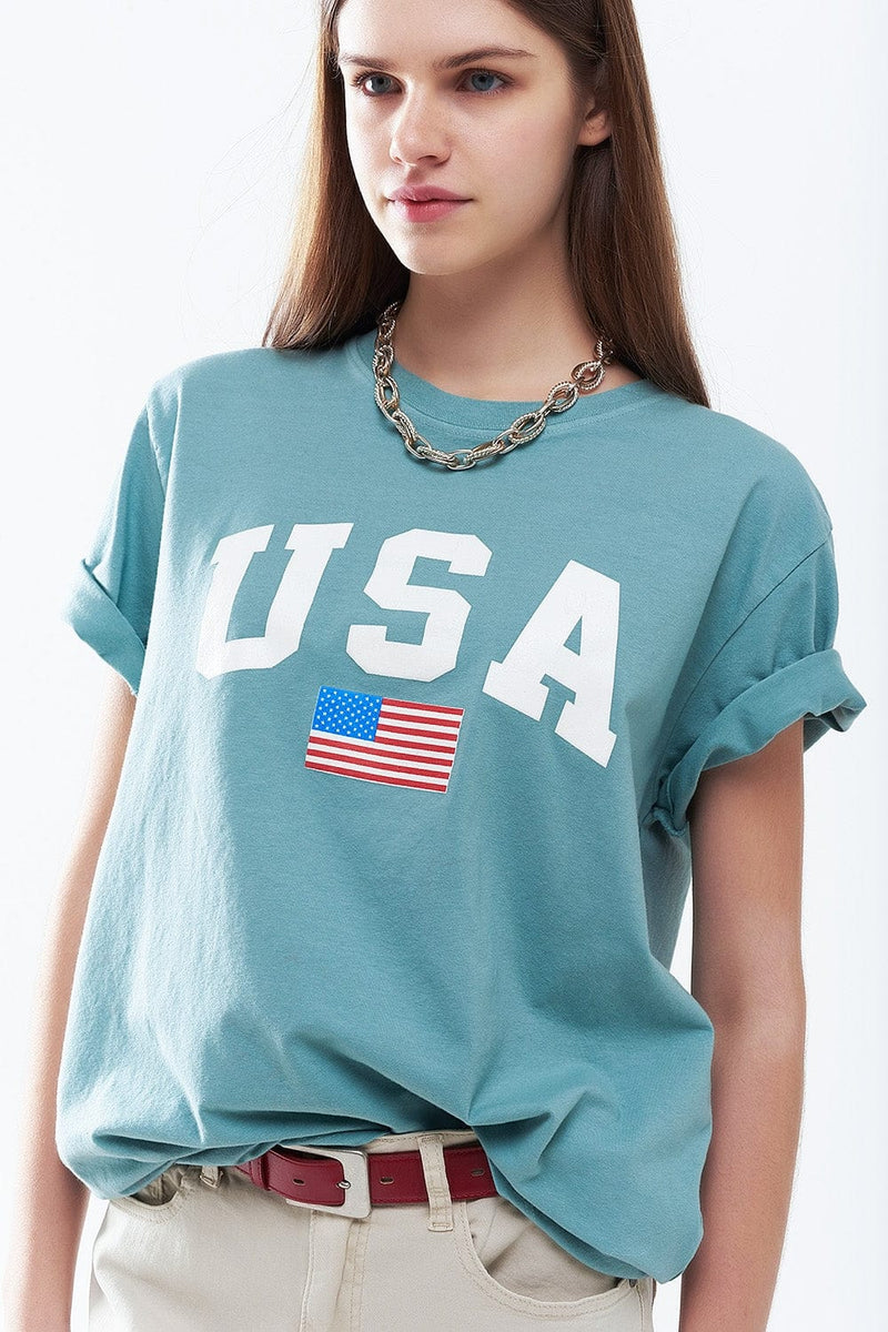 Q2 Women's Tees & Tanks One Size / Green Green Loose Long T-Shirt With Usa Logo