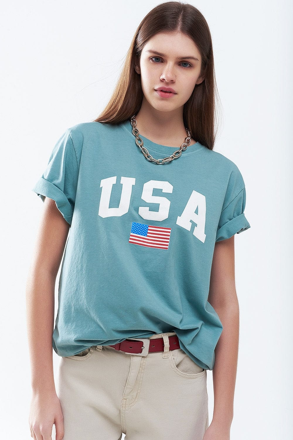 Q2 Women's Tees & Tanks One Size / Green Green Loose Long T-Shirt With Usa Logo