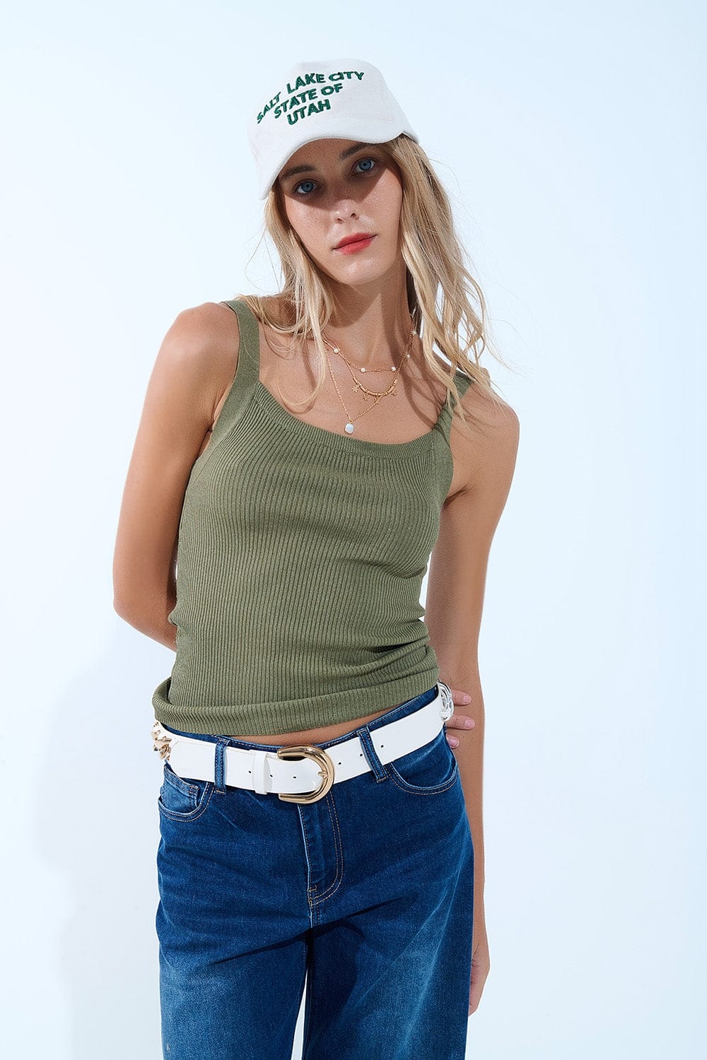 Q2 Women's Tees & Tanks One Size / Green Khaki Green Ribbed Knit Top With Wide Straps