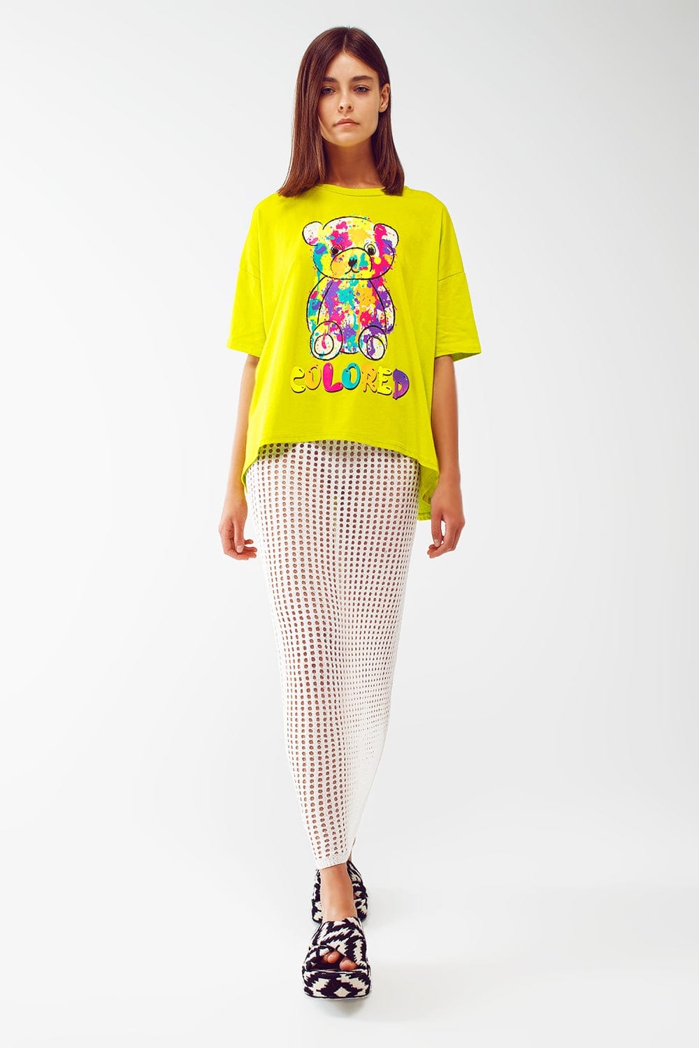 Q2 Women's Tees & Tanks One Size / Green Loose-Fitting Lime T-Shirt With Colored Bear