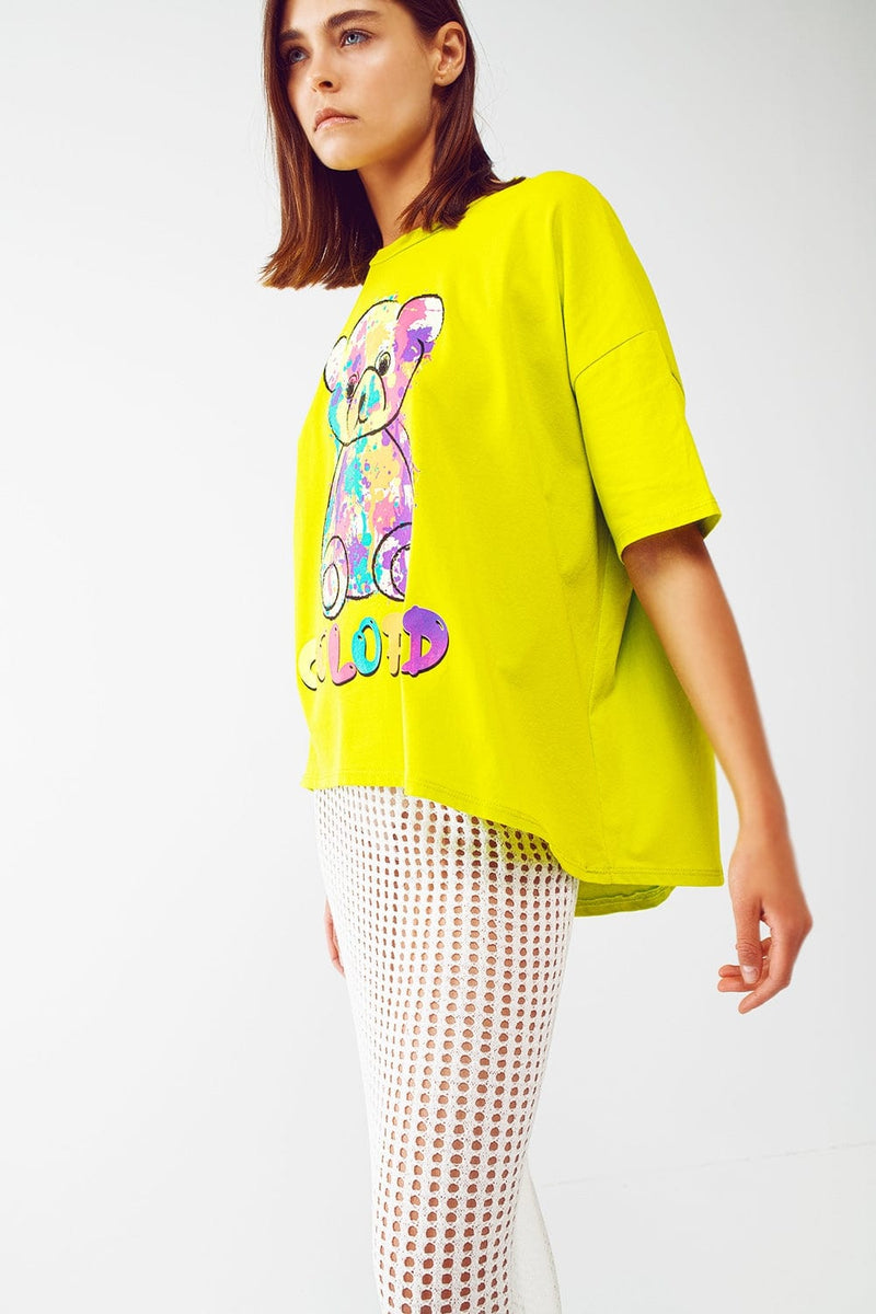 Q2 Women's Tees & Tanks One Size / Green Loose-Fitting Lime T-Shirt With Colored Bear