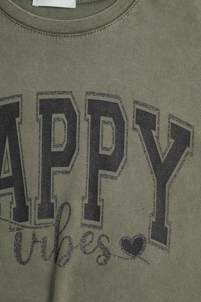 Q2 Women's Tees & Tanks One Size / Green Washed Khaki Green Happy Vibes Graphic Relaxed T-Shirt