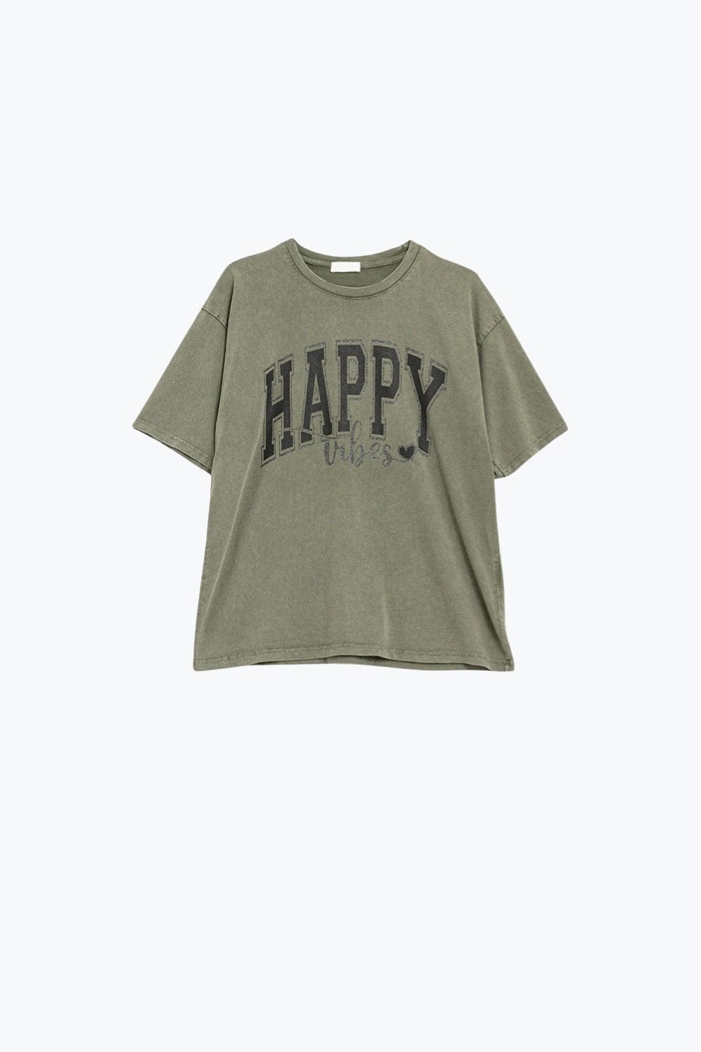 Q2 Women's Tees & Tanks One Size / Green Washed Khaki Green Happy Vibes Graphic Relaxed T-Shirt