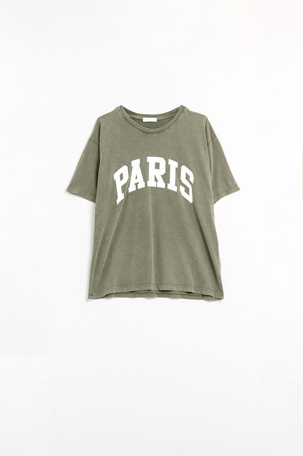 Q2 Women's Tees & Tanks One Size / Green Washed Khaki Green Paris Relaxed T-Shirt With White Letters