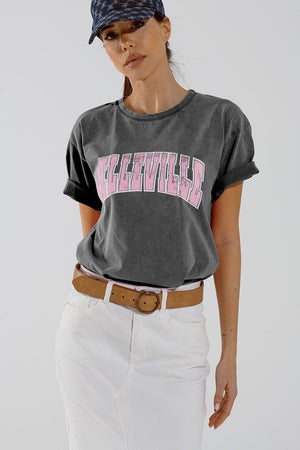 Q2 Women's Tees & Tanks One Size / Grey Grey Crew Neck T-Shirt With Belleville Text