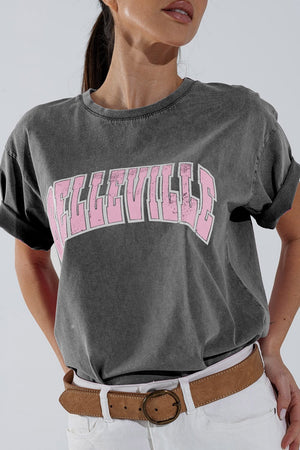 Q2 Women's Tees & Tanks One Size / Grey Grey Crew Neck T-Shirt With Belleville Text