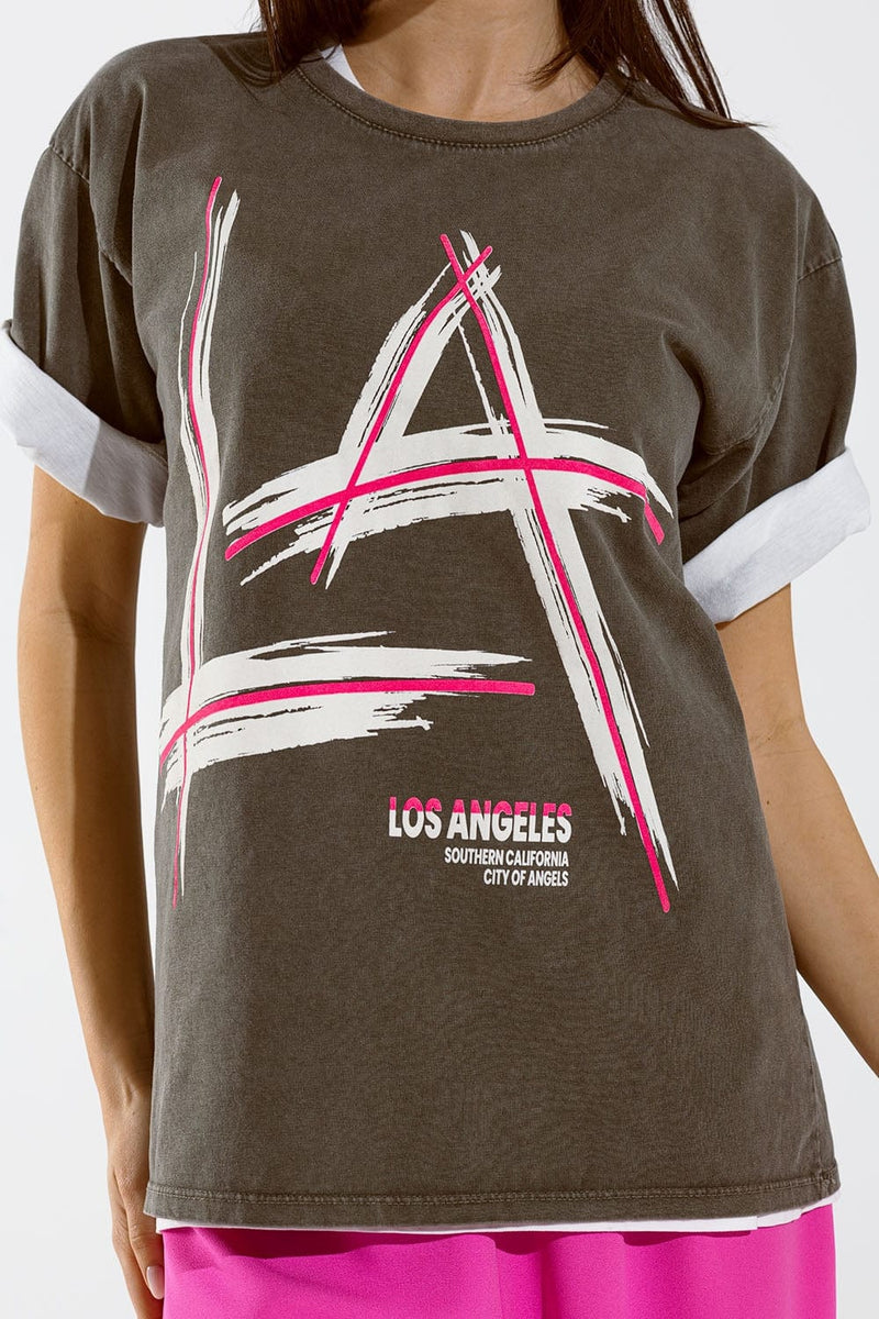 Q2 Women's Tees & Tanks One Size / Grey Grey Oversize T-Shirt Prints La Los Angeles In Pink And White