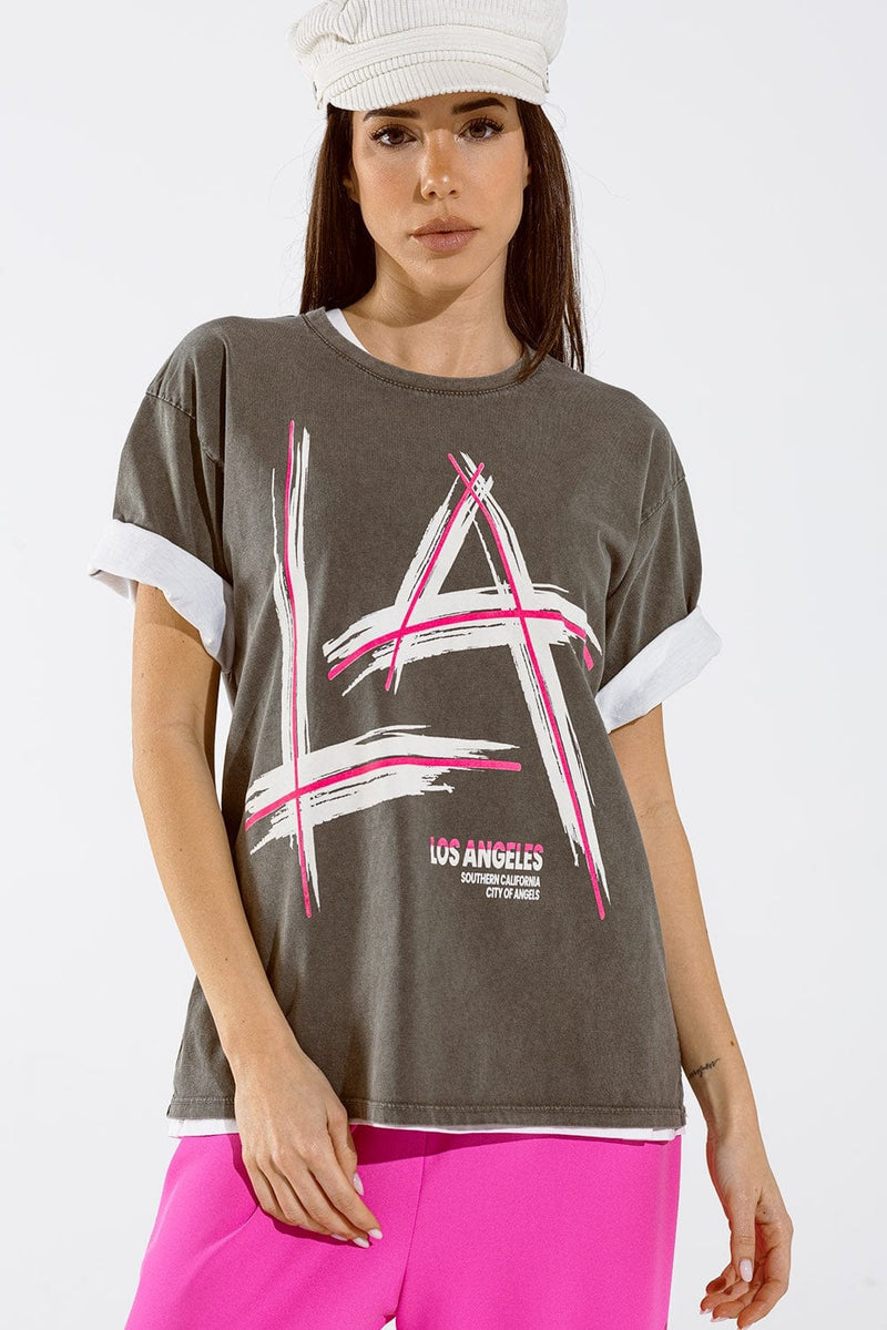 Q2 Women's Tees & Tanks One Size / Grey Grey Oversize T-Shirt Prints La Los Angeles In Pink And White