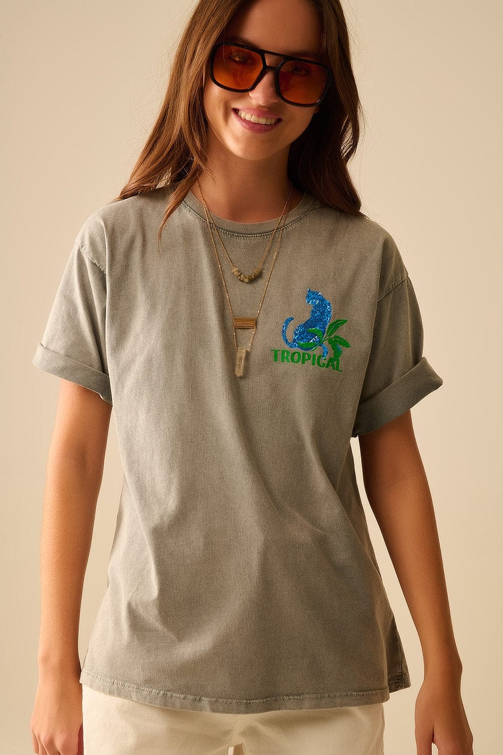 Q2 Women's Tees & Tanks One Size / Grey Grey T-Shirt Made In Italy With Tropical Graphic Print