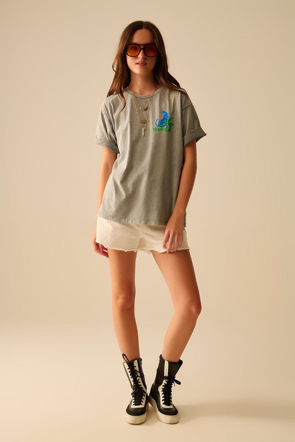 Q2 Women's Tees & Tanks One Size / Grey Grey T-Shirt Made In Italy With Tropical Graphic Print