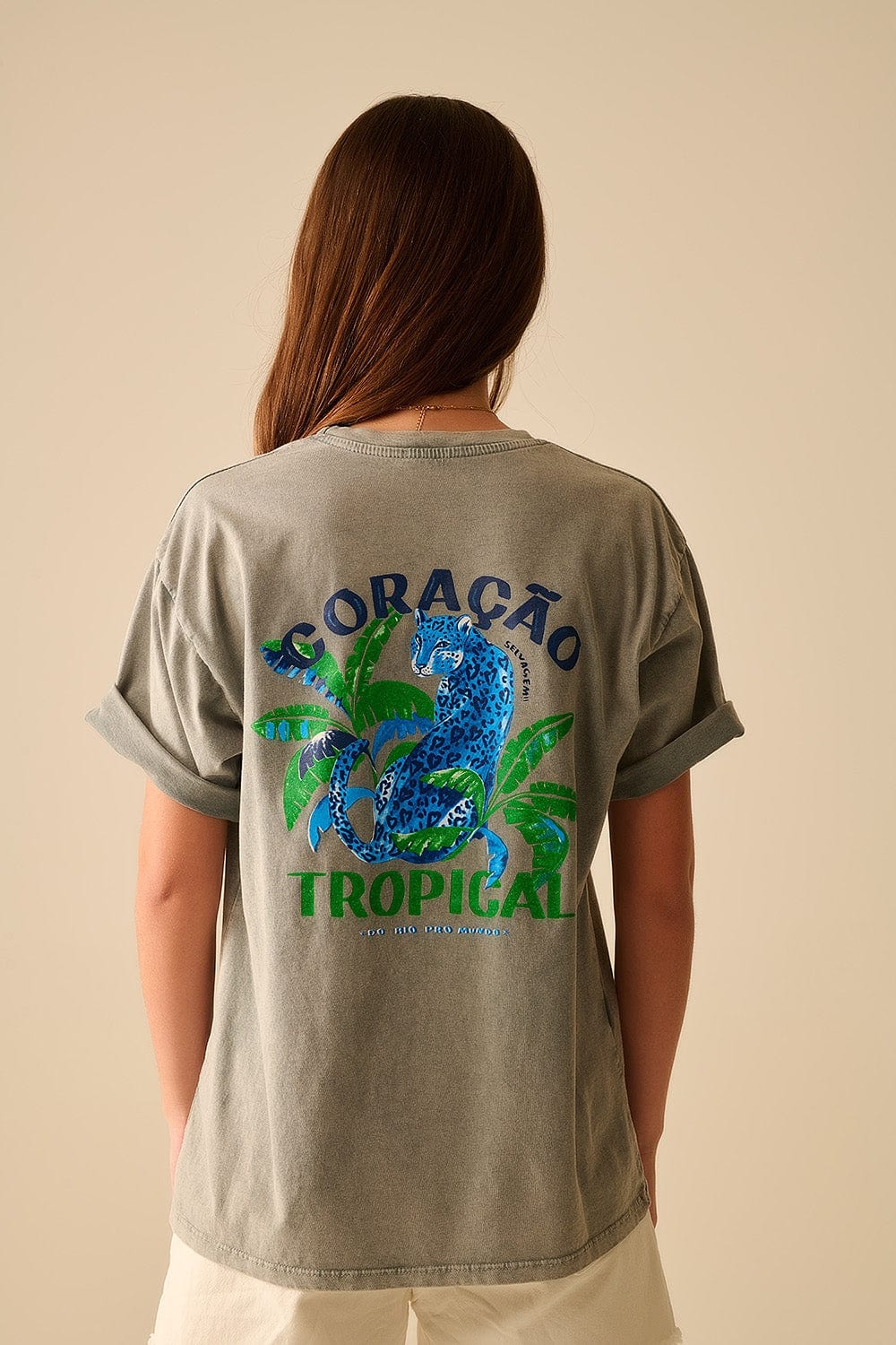 Q2 Women's Tees & Tanks One Size / Grey Grey T-Shirt Made In Italy With Tropical Graphic Print