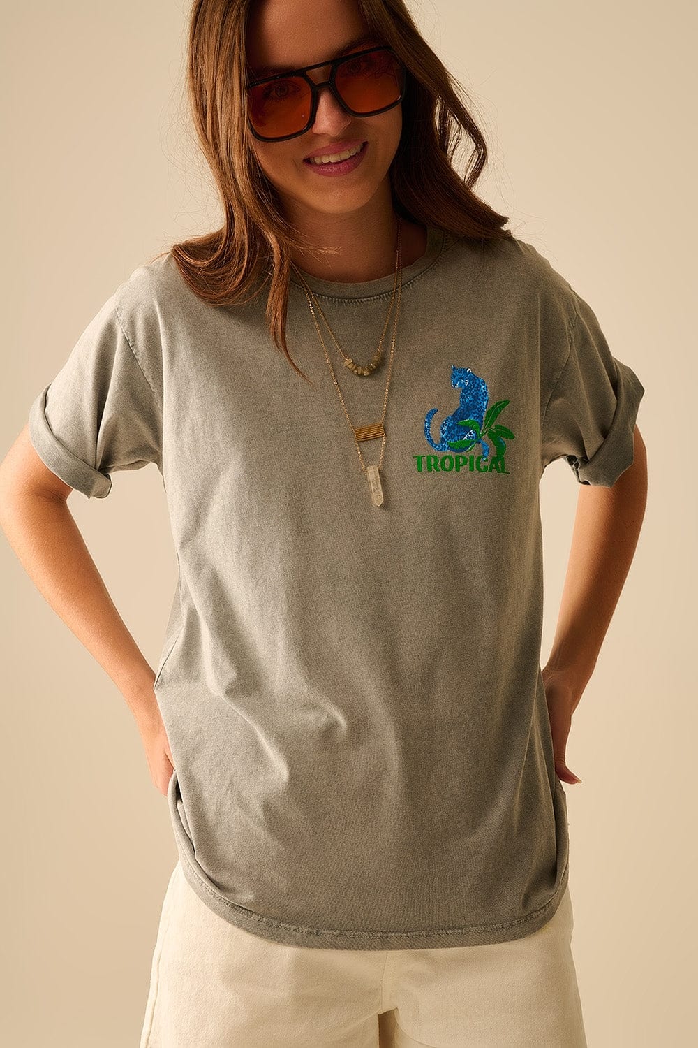 Q2 Women's Tees & Tanks One Size / Grey Grey T-Shirt Made In Italy With Tropical Graphic Print