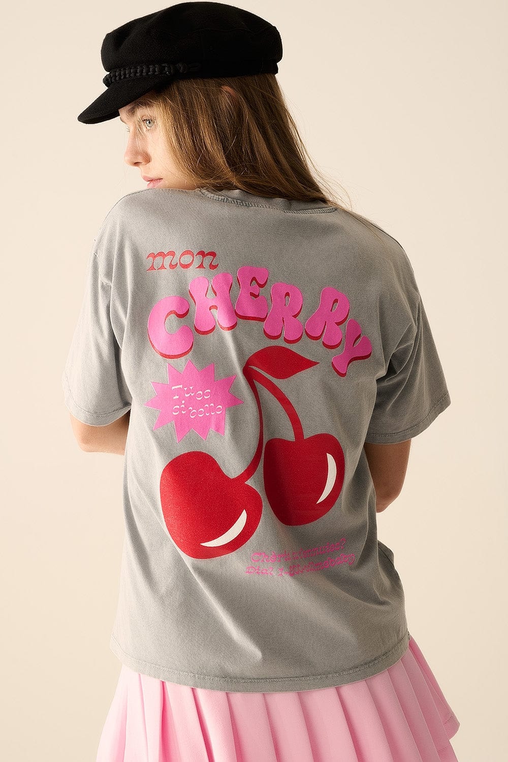 Q2 Women's Tees & Tanks One Size / Grey Grey T-Shirt With Cherry In Logo And Letters