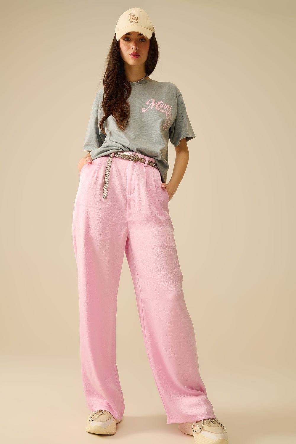 Q2 Women's Tees & Tanks One Size / Grey Grey T-Shirt With Miami Logo Print In Pink