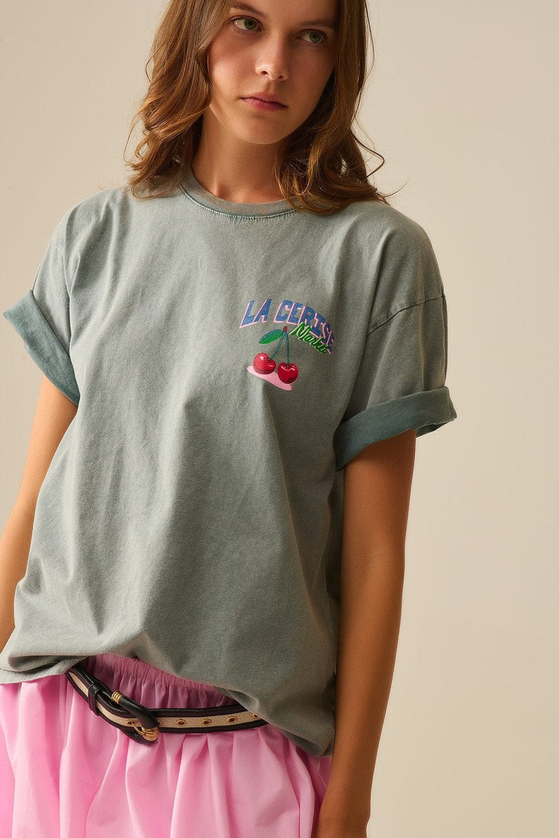 Q2 Women's Tees & Tanks One Size / Grey Made In Italy Grey T-Shirt With La Cerise Market Saint-Tropez Graphic