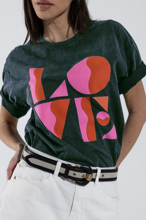 Q2 Women's Tees & Tanks One Size / Grey T-Shirt With Love Art Deco Digital Print In Grey