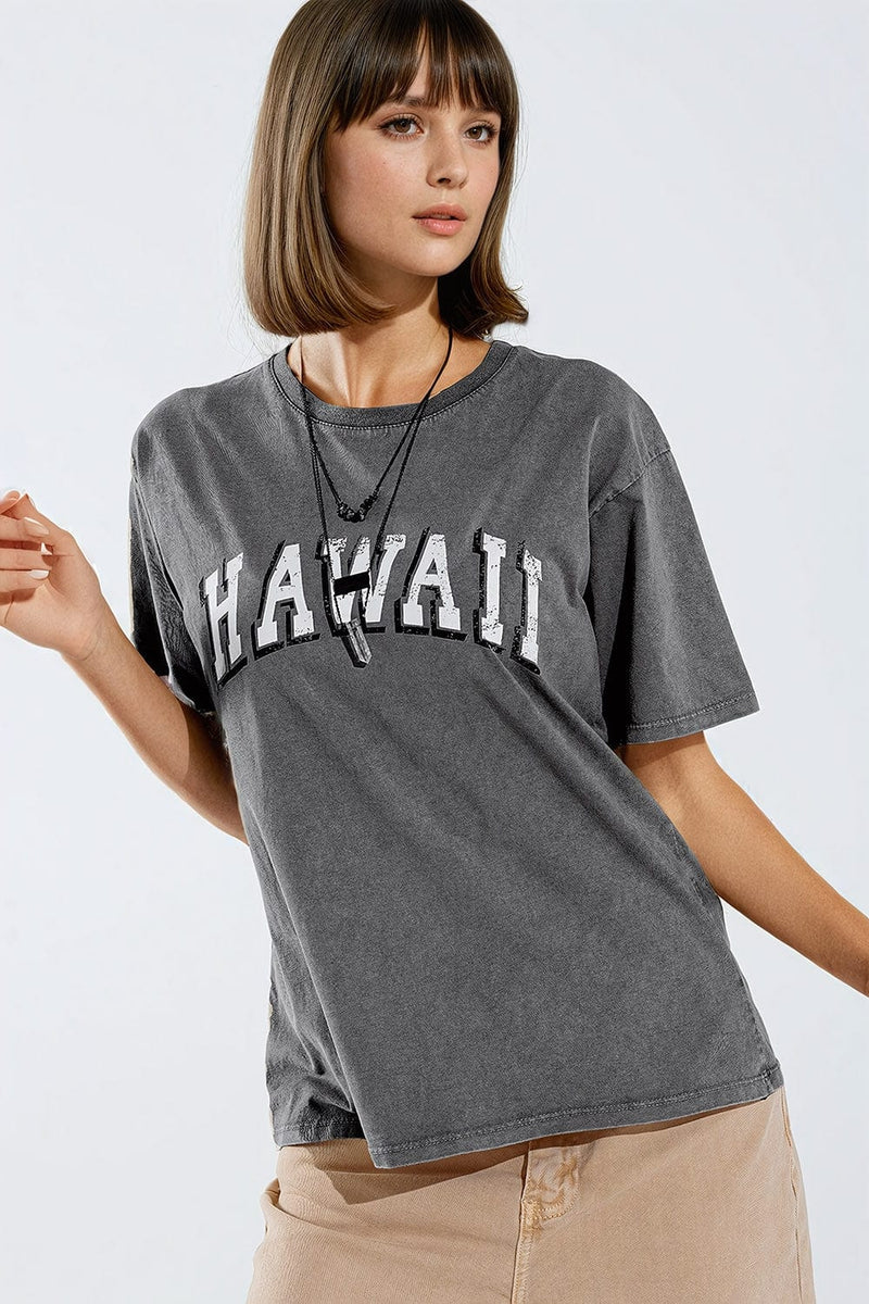 Q2 Women's Tees & Tanks One Size / Grey Washed Effect Hawaii T-Shirt In Grey