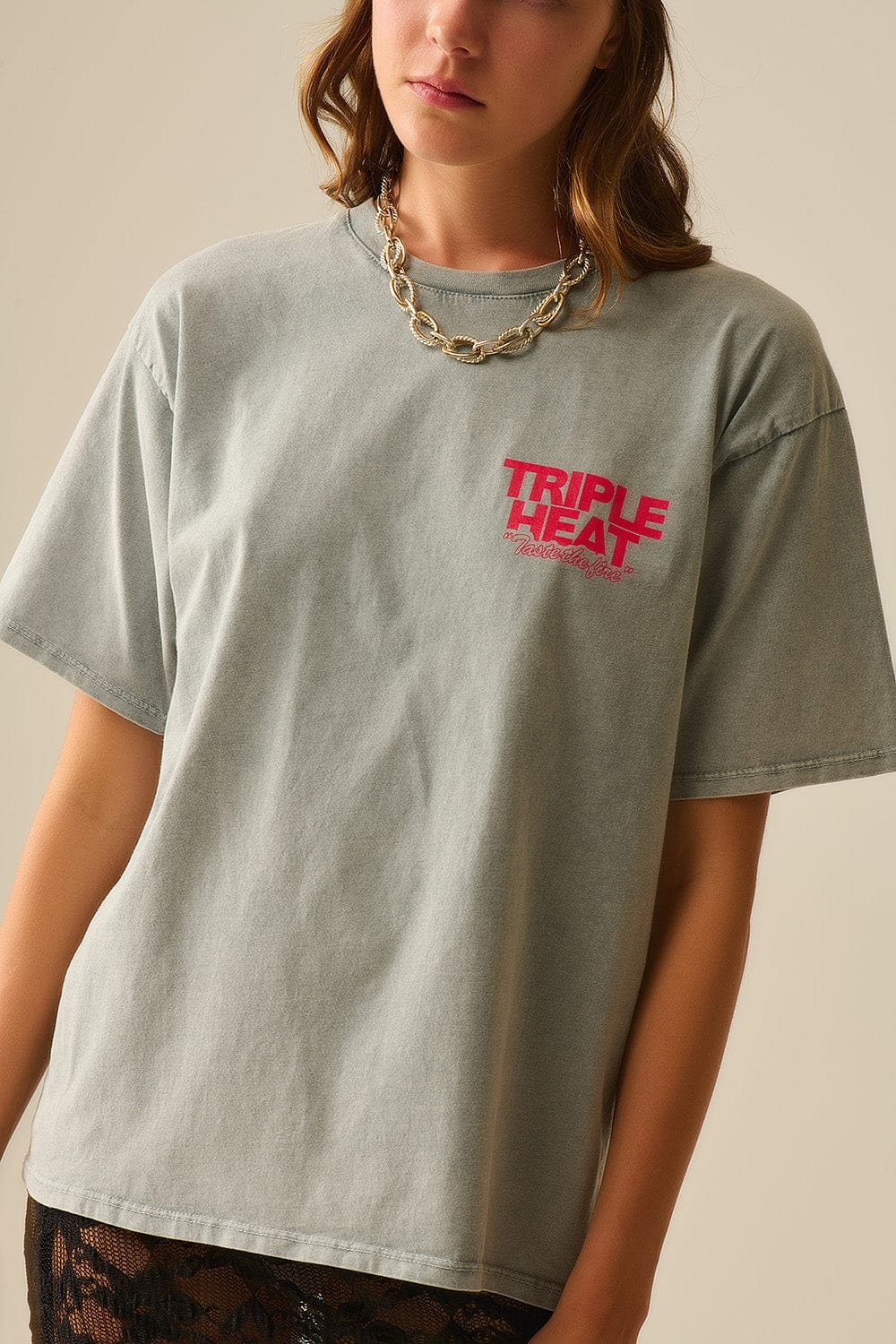 Q2 Women's Tees & Tanks One Size / Grey Washed Grey Relaxed Fit Short Sleeve Triple Heat Logo T-Shirt