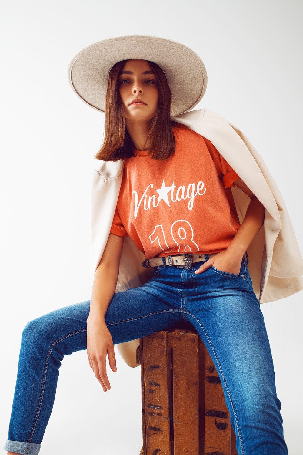 Q2 Women's Tees & Tanks One Size / Orange / Italia T-Shirt with Vintage 18 Text in orange