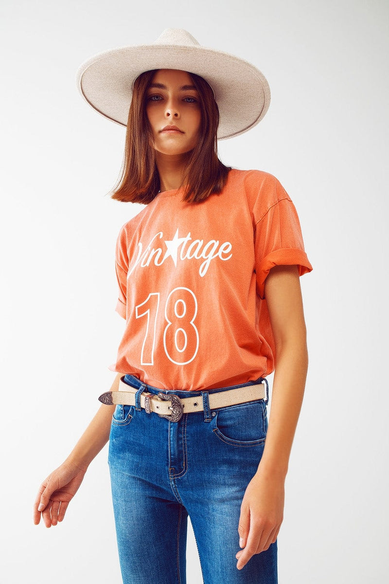 Q2 Women's Tees & Tanks One Size / Orange / Italia T-Shirt with Vintage 18 Text in orange